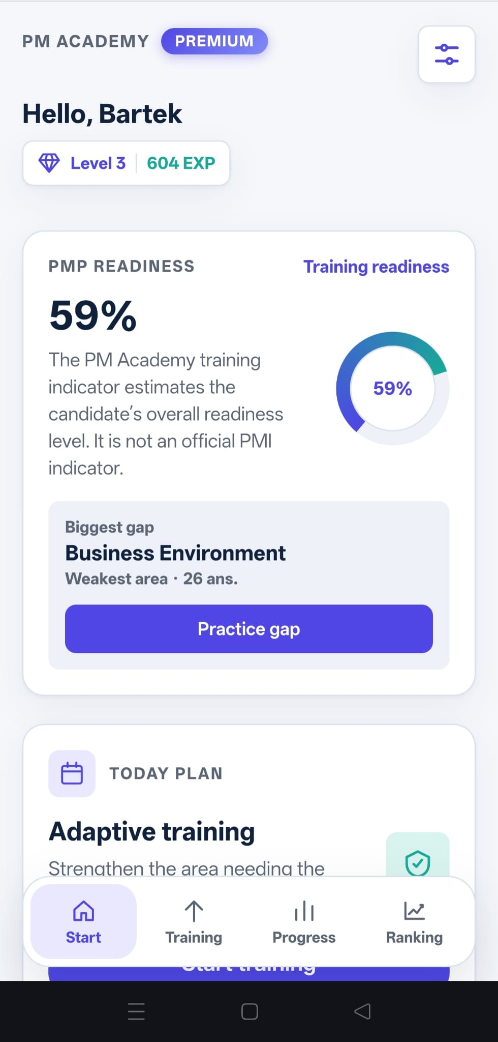 Purple PMP readiness dashboard